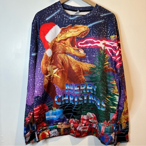 Adult Colorful Long Sleeve Pullover Dinosaur T-Rex Ugly Christmas Xmas Shirt  XL - Picture 1 of 5